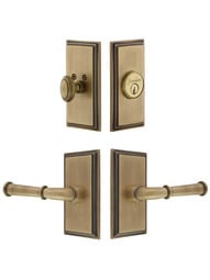 Grandeur Carre Entry Door Set, Keyed Alike with Georgetown Levers Left Handed in Antique Brass.